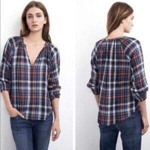 Anthropologie | Velvet by Graham & Spencer Blue Plaid Long Sleeves Top Size S